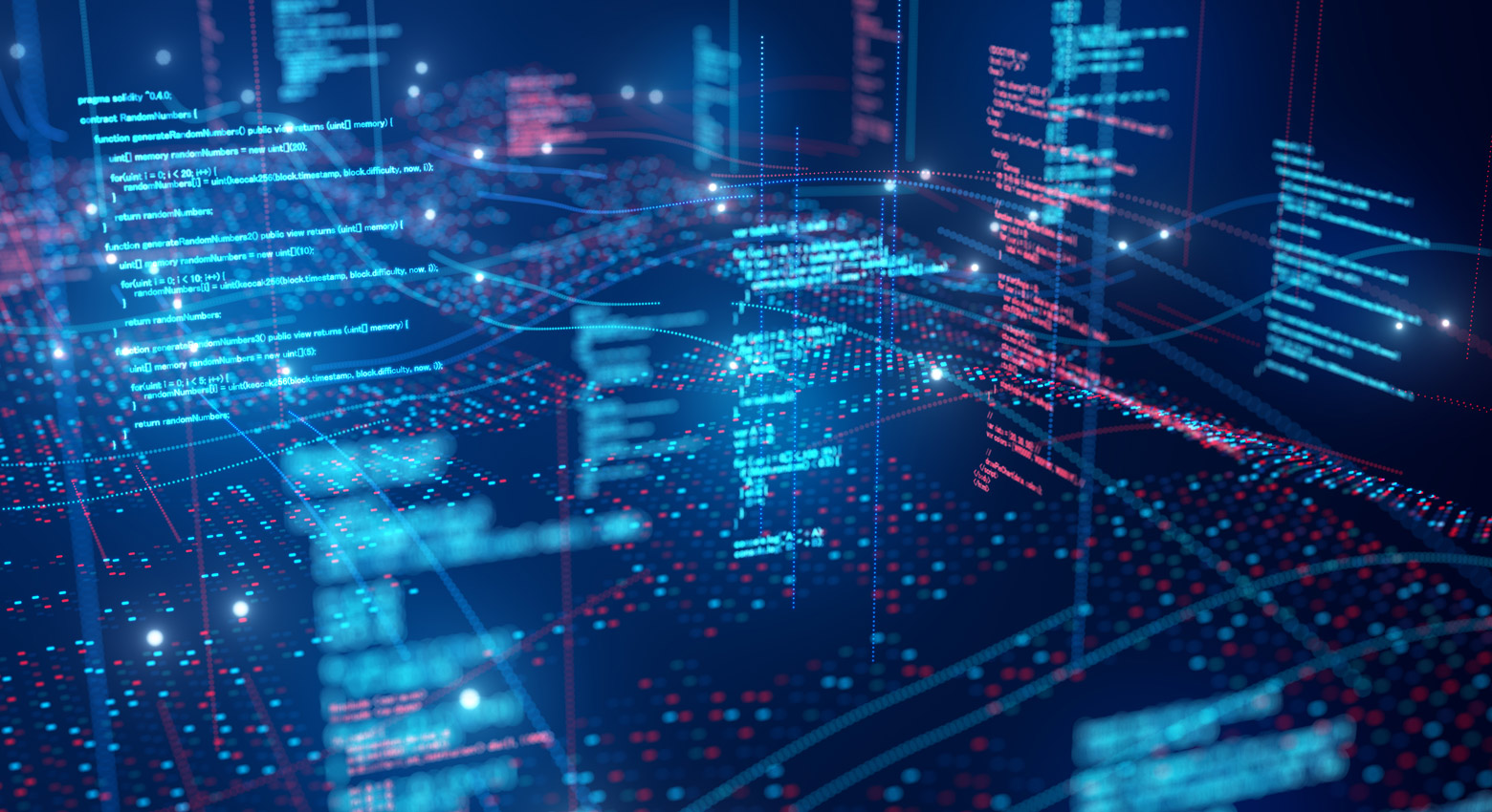 3D digital visualization of floating blue and red code snippets and data points connected by dotted lines on a dark blue background.