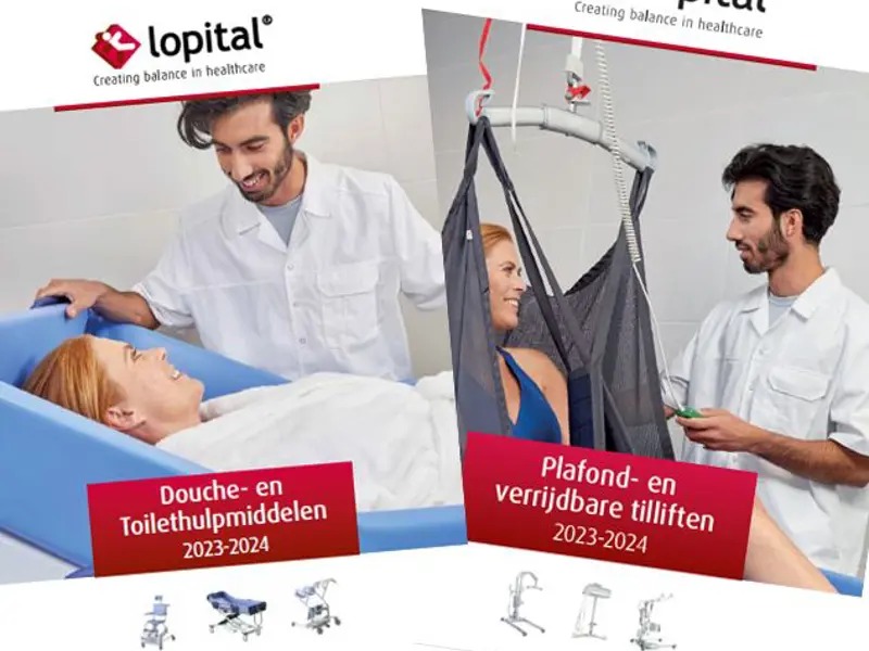 Two healthcare scenes: a man assisting a woman lying in a blue bath tub, and the same man operating a ceiling lift to support a seated woman.