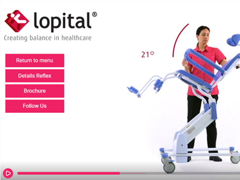 A healthcare professional adjusts a blue and white medical lifting chair tilted at 21 degrees, with Lopital logo and navigation buttons on the left.