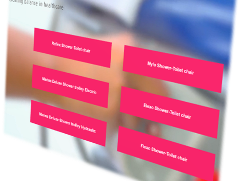 Blurred background with six pink labels naming different shower-toilet chairs and trolleys: Reflex, Mylo, Marina Deluxe Electric, Elexo, Marina Deluxe Hydraulic, and Flexo.