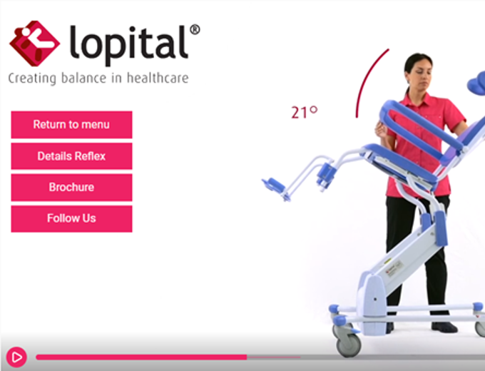 Modern blue shower stretcher with adjustable backrest and support handles on a white background.