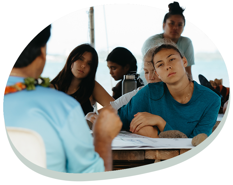 Group of young people seated outdoors, listening and focused on a person speaking to them.