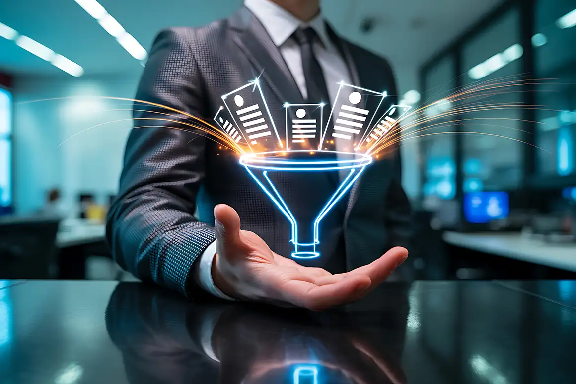 Man with digital funnel in hand