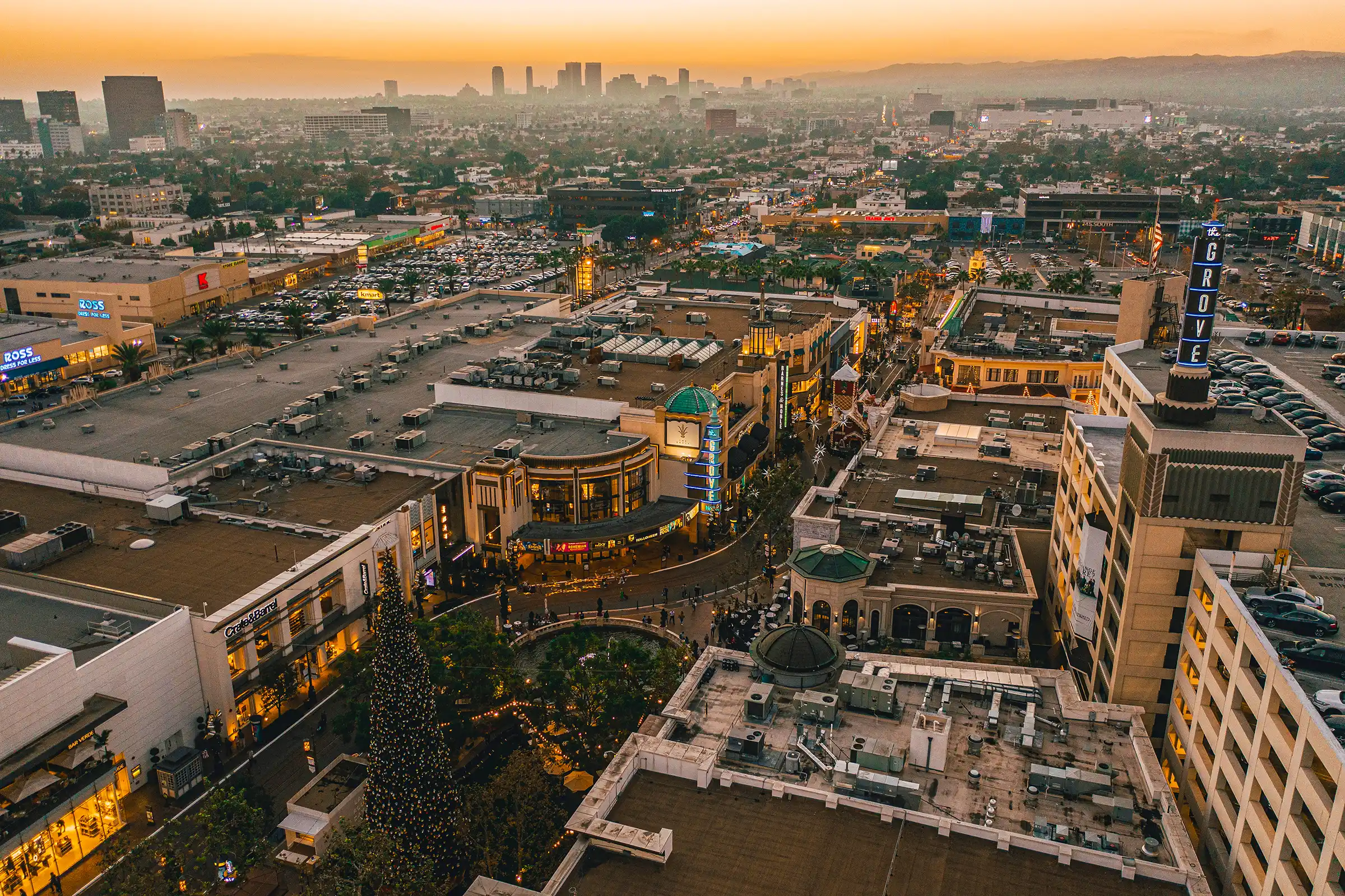 LA Grove Aerial View of Shops and Downtown