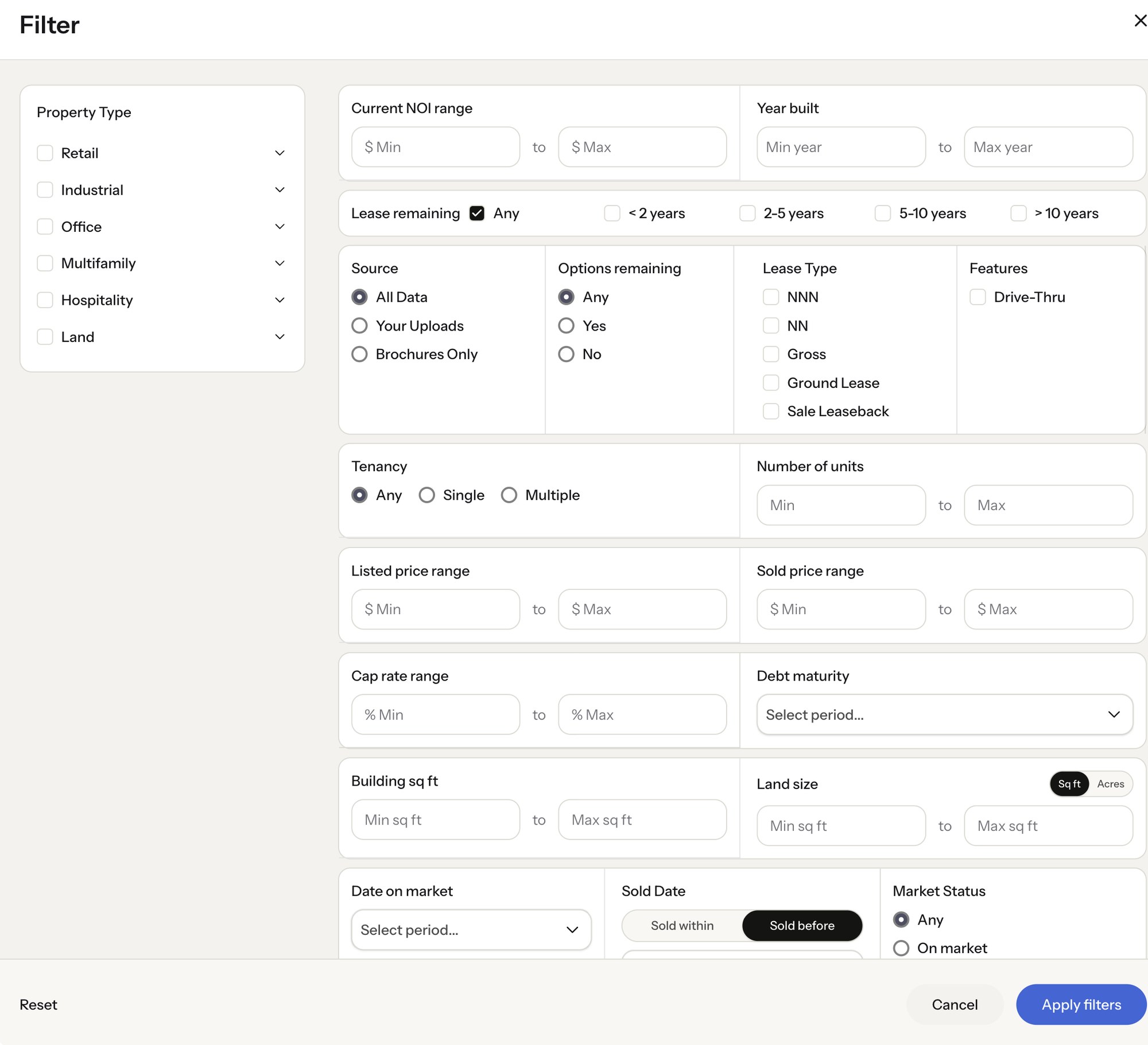 DealGround search filter panel showing cap rate, NOI, lease type, options remaining and debt maturity filters