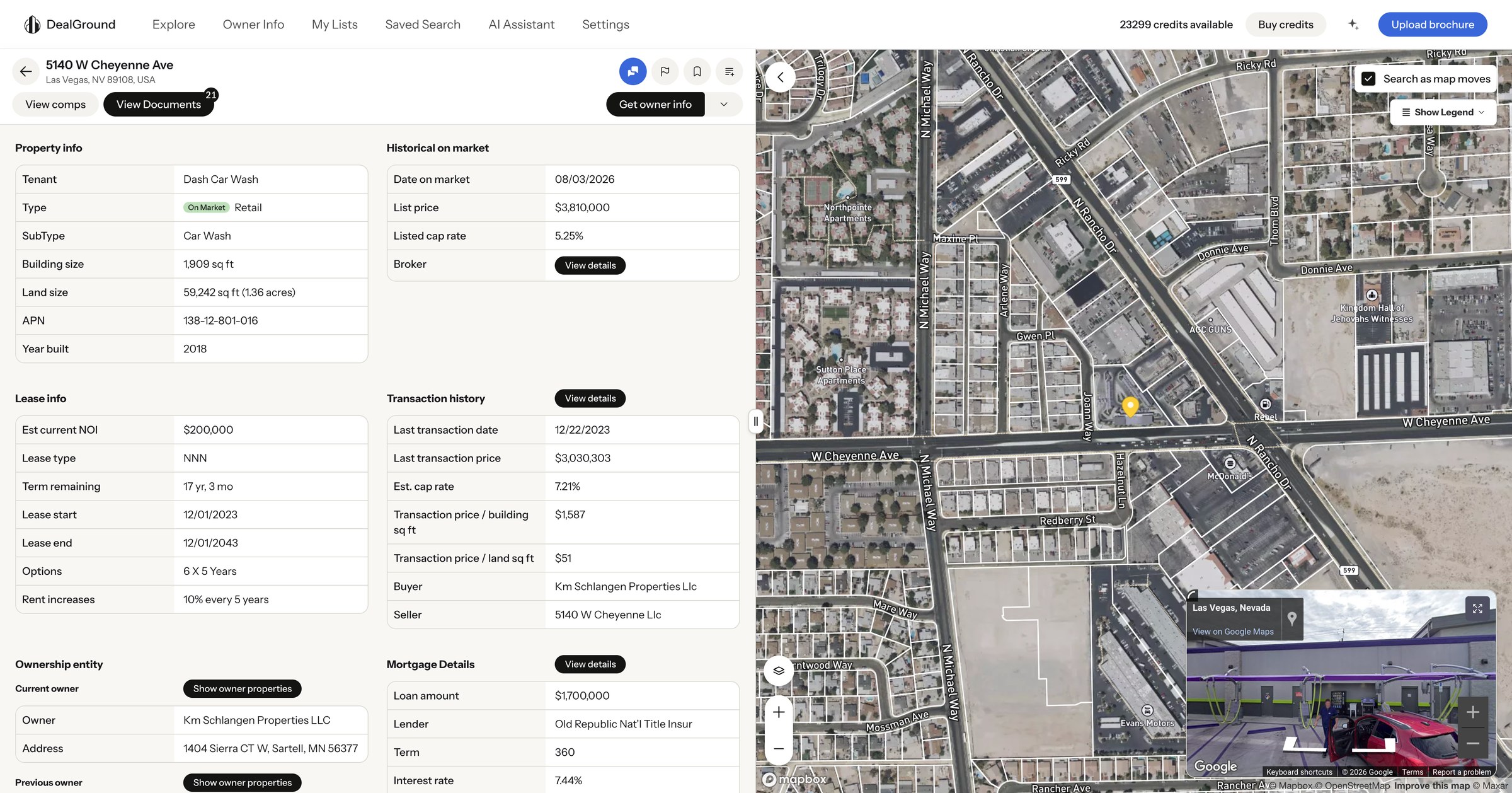 DealGround property record showing lease terms, transaction history, recorded mortgage detail and ownership entity on one screen