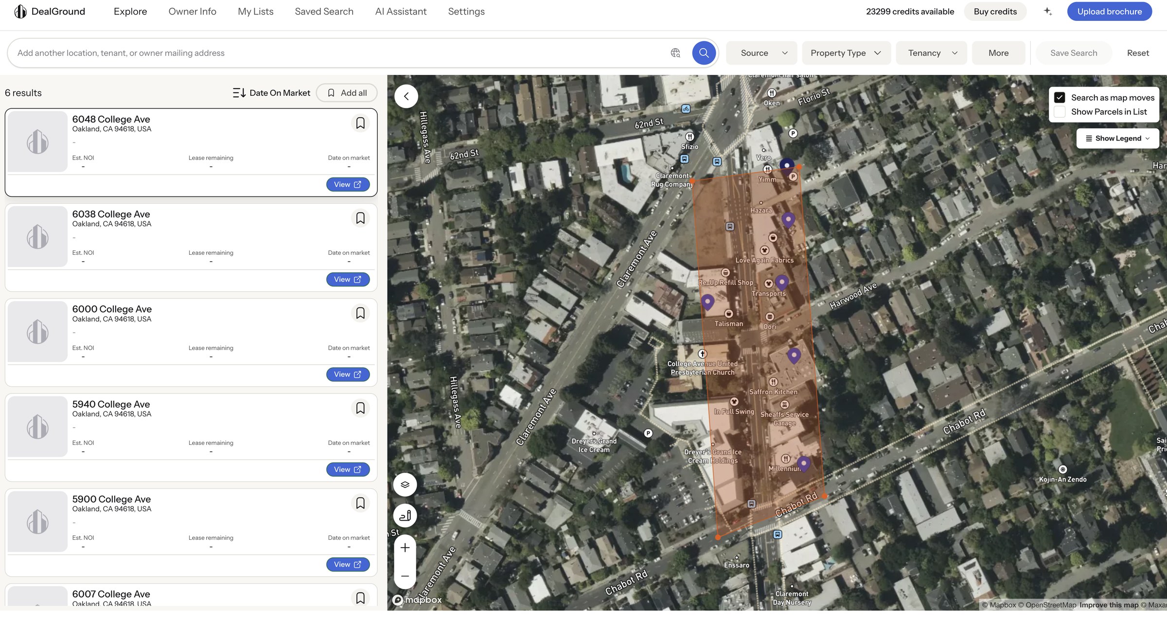 DealGround map with parcel boundaries drawn over a retail centre and matching results listed alongside
