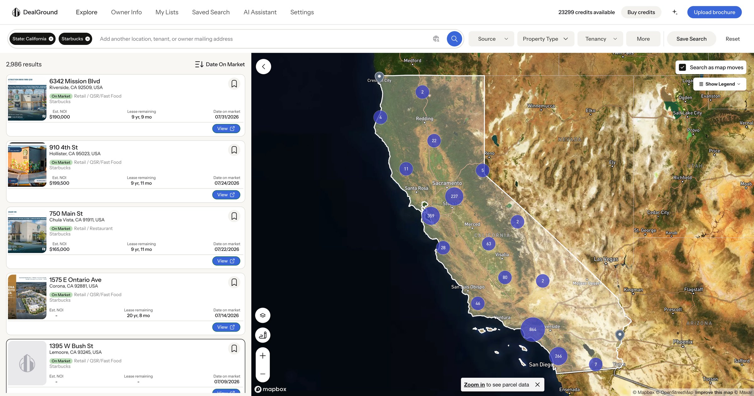 DealGround tenant brand search showing Starbucks locations mapped across California with 2,986 results