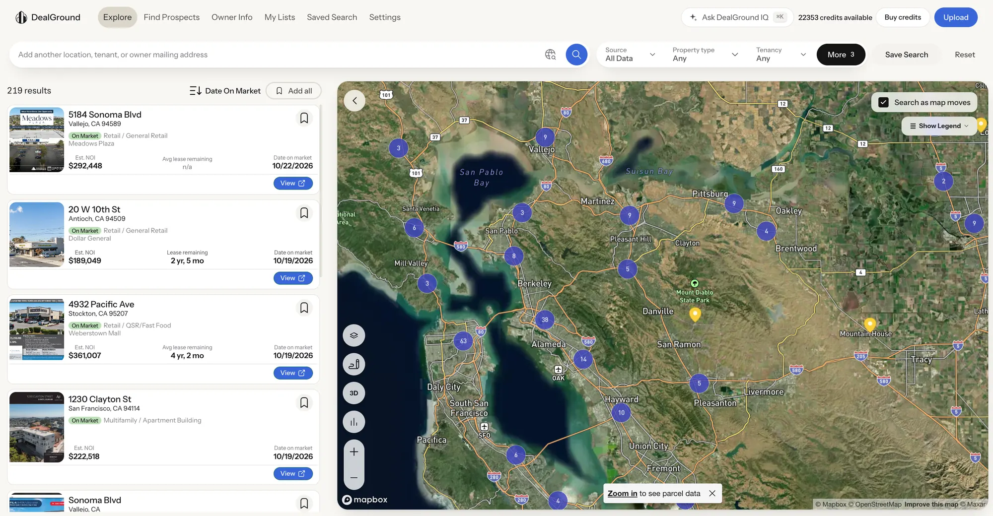 DealGround Explore map of East Bay listings with property cards showing NOI, lease remaining and date on market
