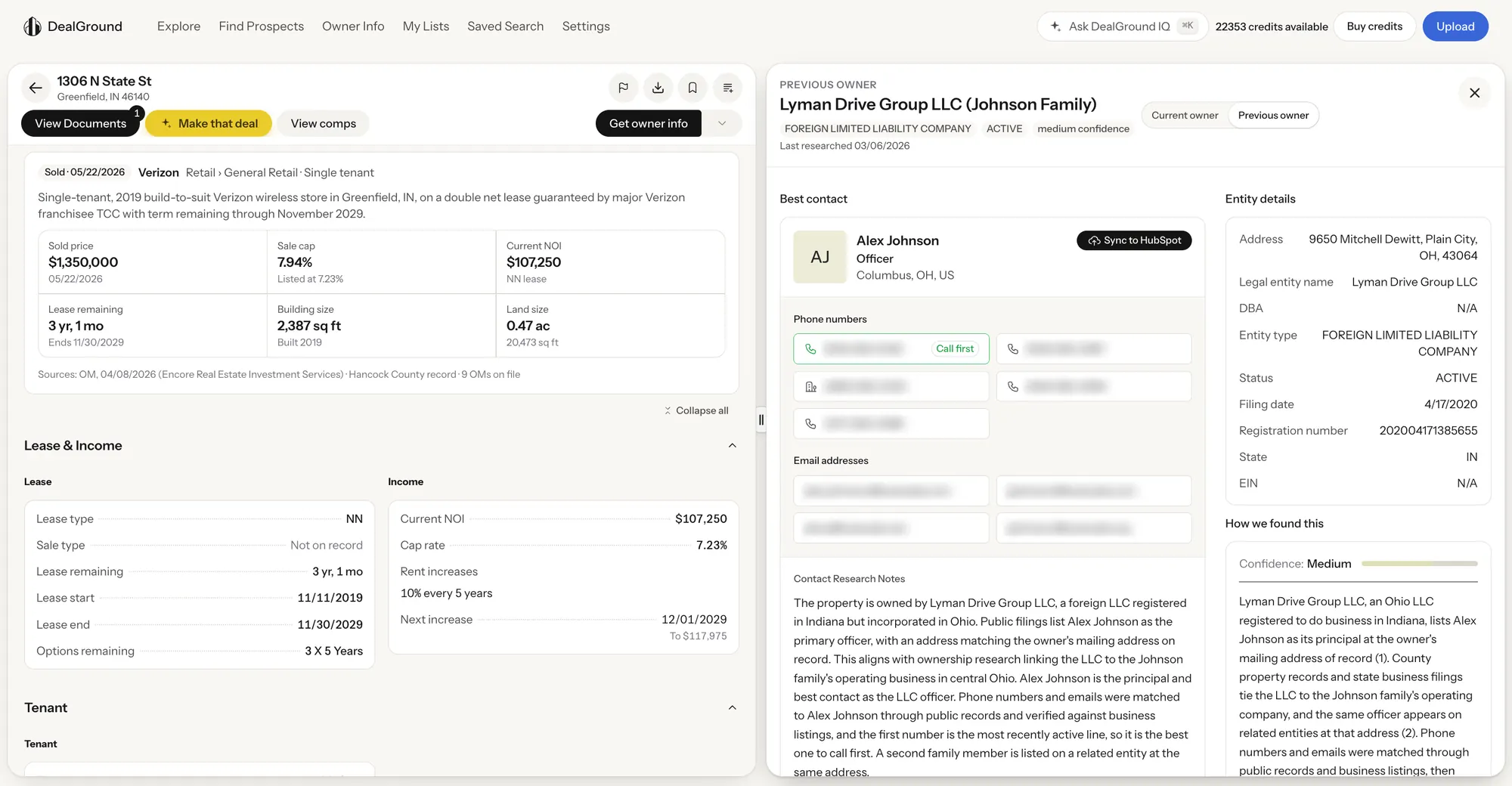 DealGround owner research panel showing the person behind an LLC with blurred phone numbers and emails, plus entity details