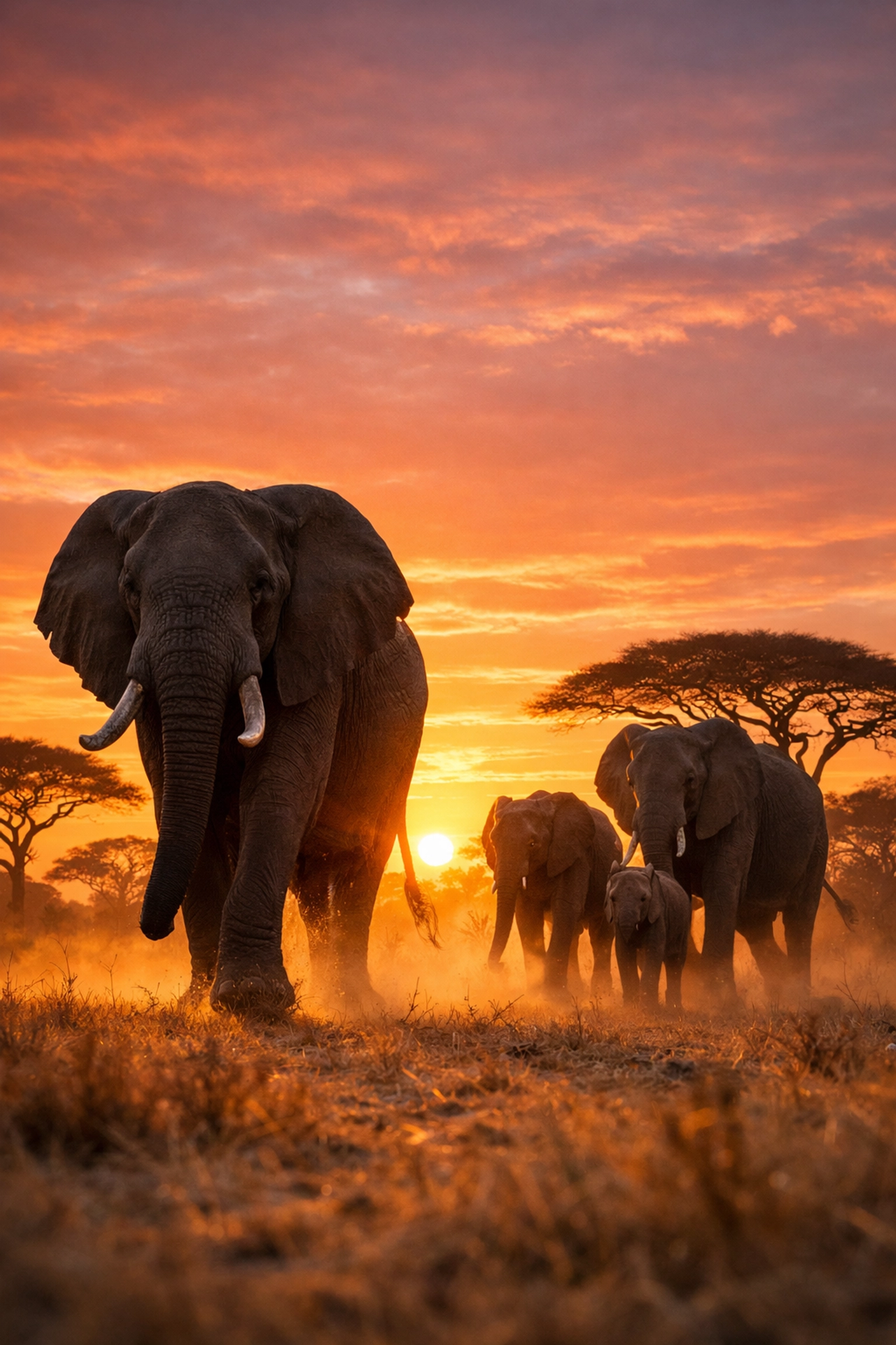 Elephant family on safari in Kruger National Park at sunrise