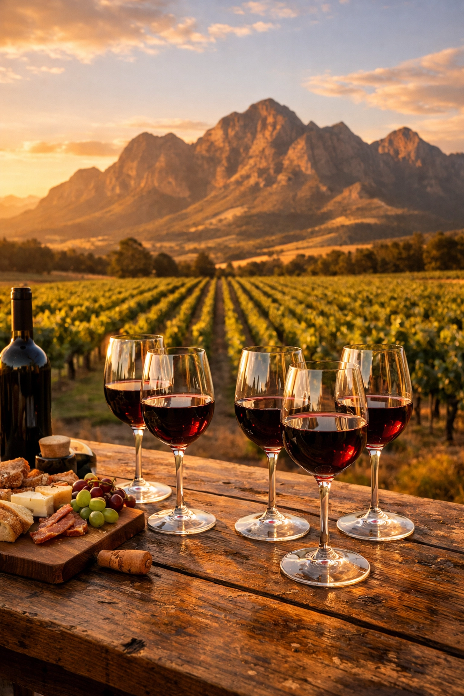Wine tasting in Cape Winelands vineyards with mountain views