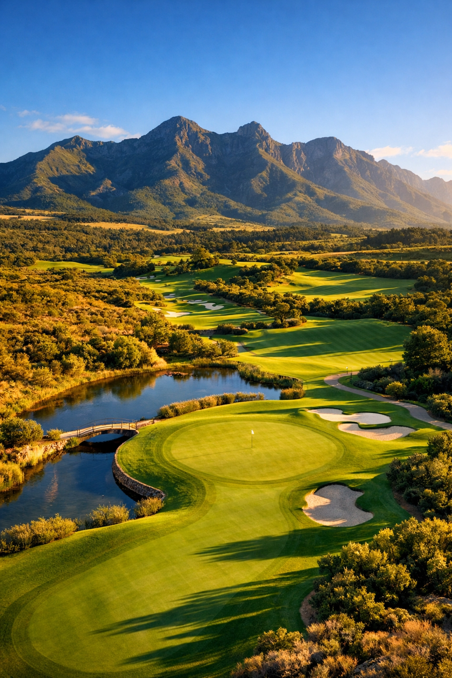 Championship golf course in South Africa's Garden Route with Outeniqua Mountains backdrop