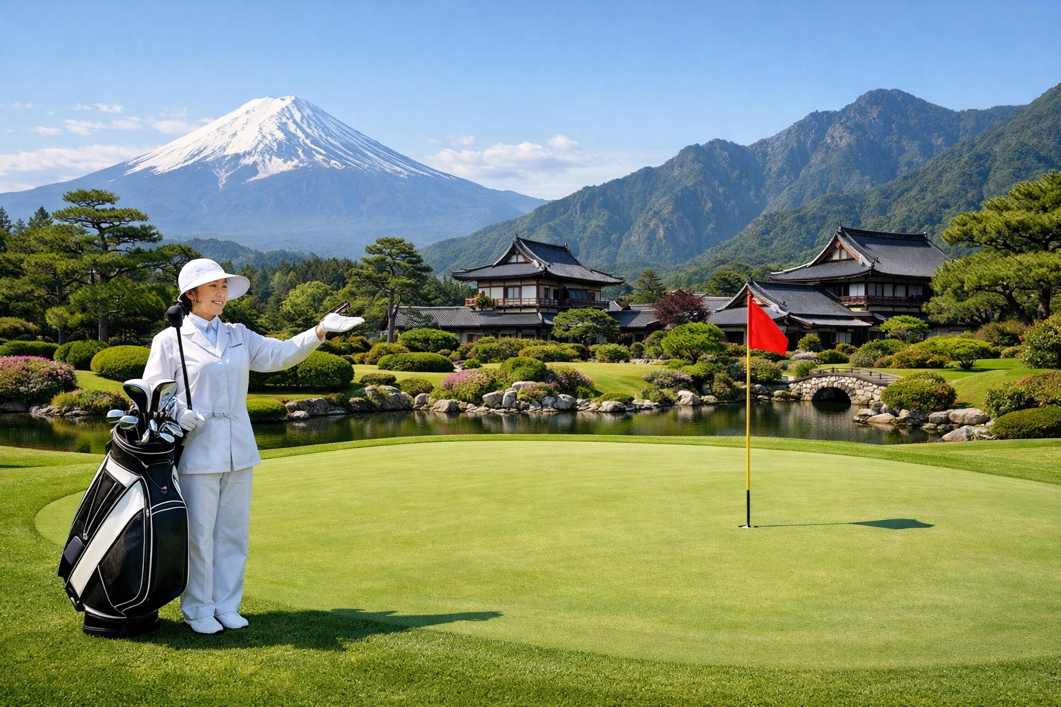 Professional caddy at Japanese golf course with mountain backdrop