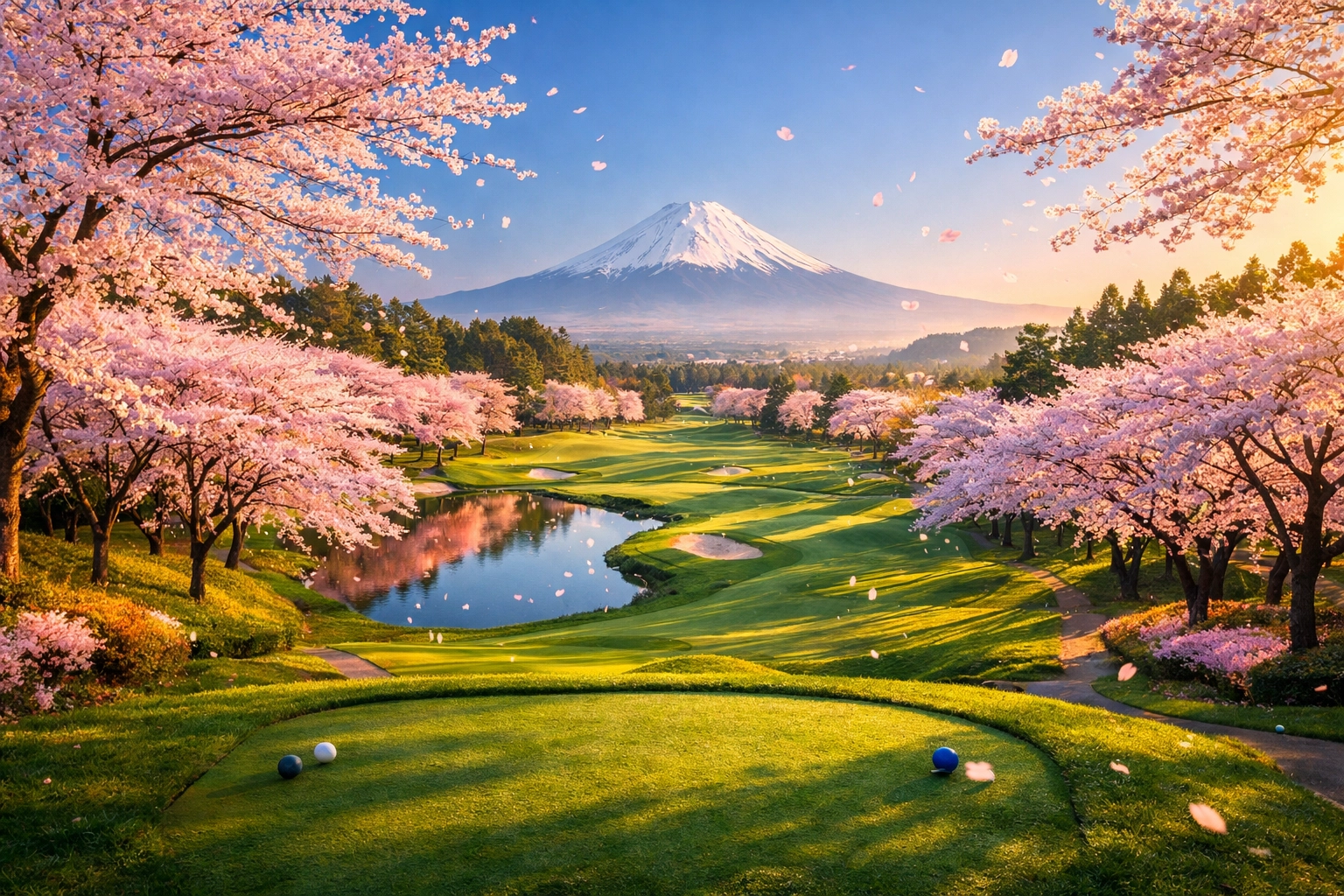 Japanese golf course with cherry blossoms in spring and Mount Fuji in background