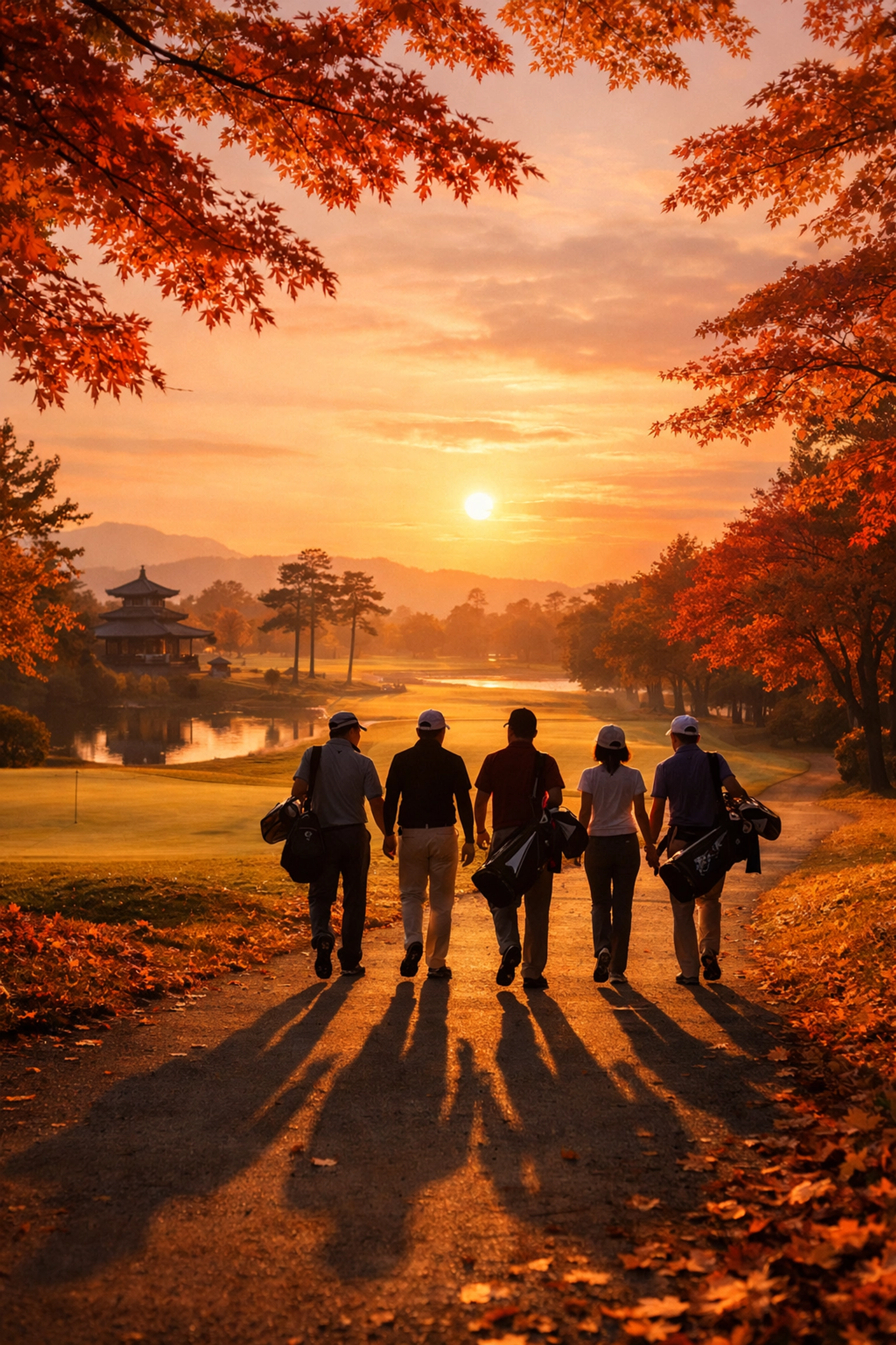 Group of golfers walking Japanese golf course during autumn sunset