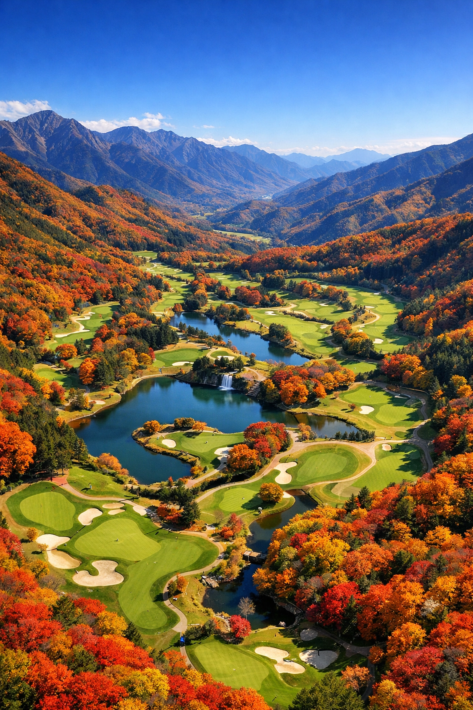 Aerial view of championship golf course in Japan during autumn season