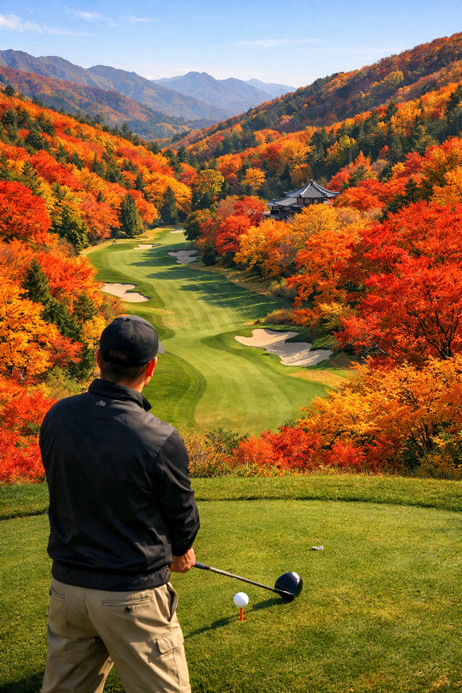 Japan mountain golf course surrounded by autumn foliage in red and gold colors