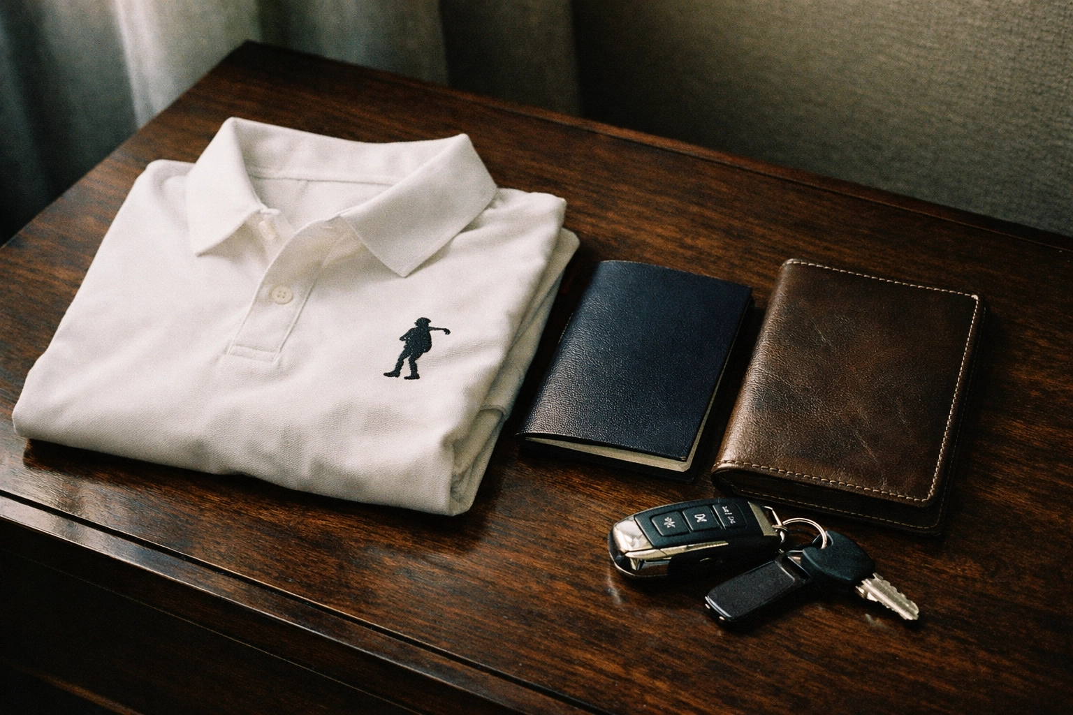 Luxury golf tour essentials including a tour polo, passport, and yardage book on a hotel dresser.