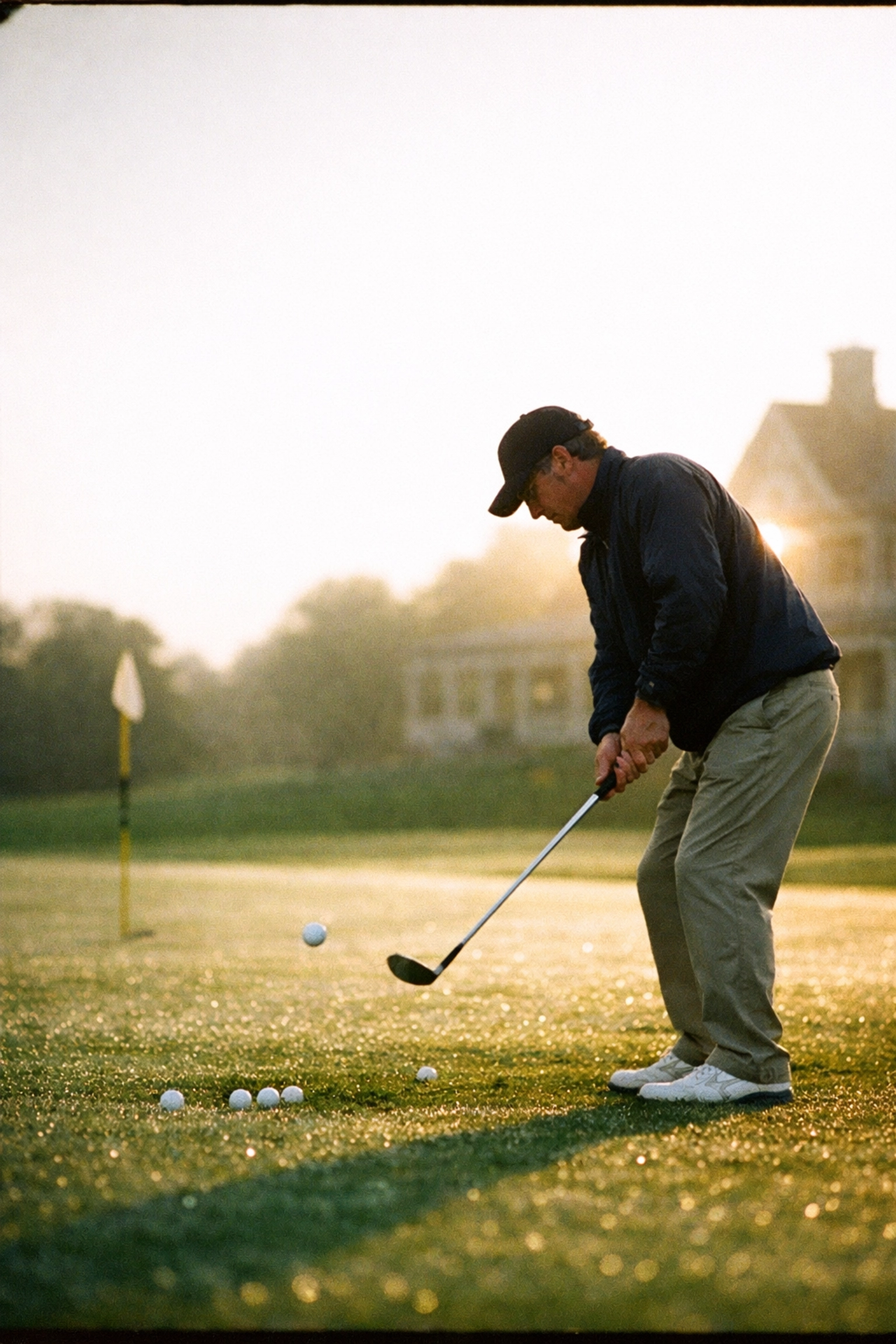 Golfer practicing short game chipping on a green at sunrise for luxury golf tour preparation.