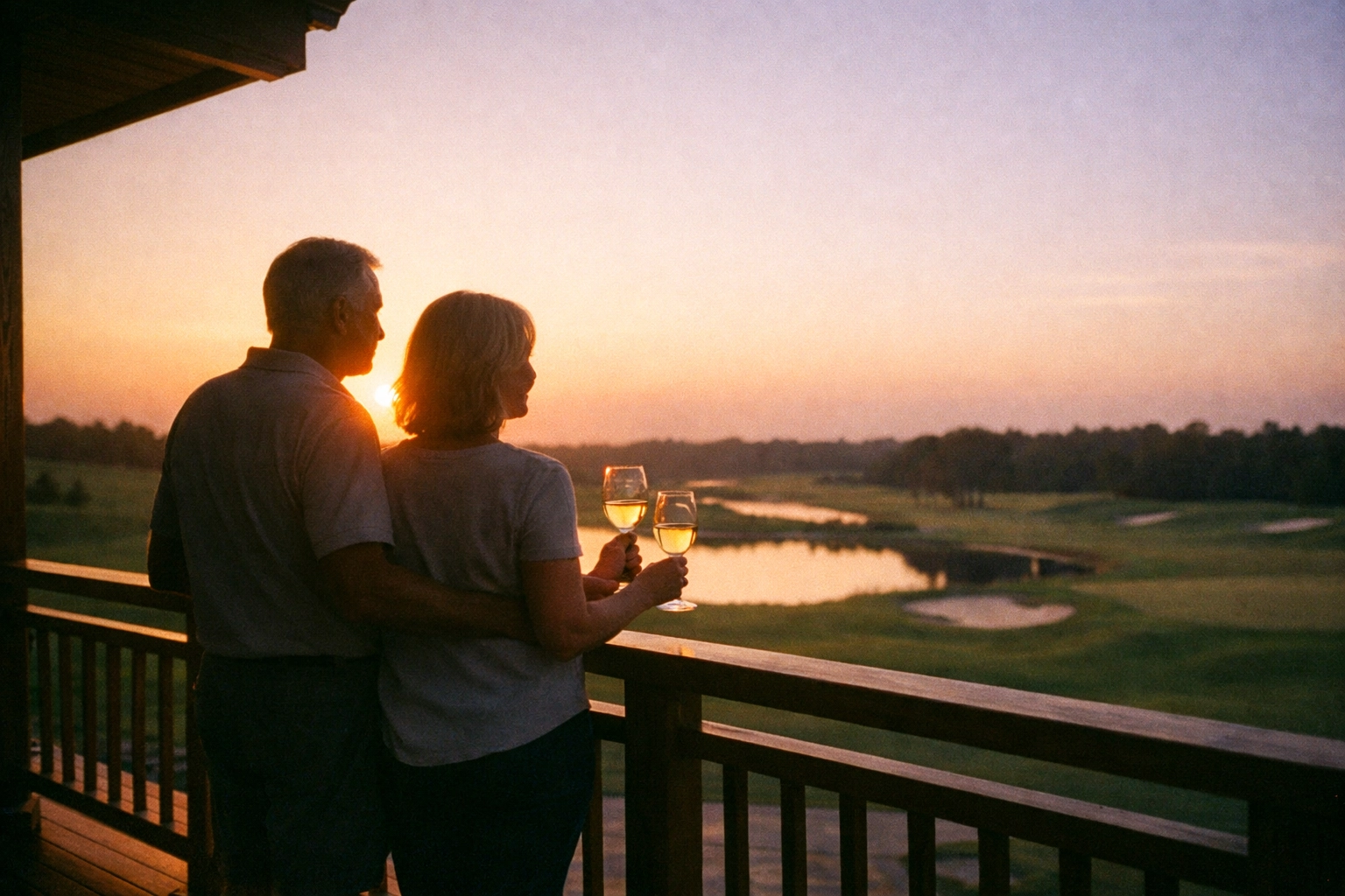 Couple enjoying sunset views from a luxury clubhouse balcony on an international golf holiday.