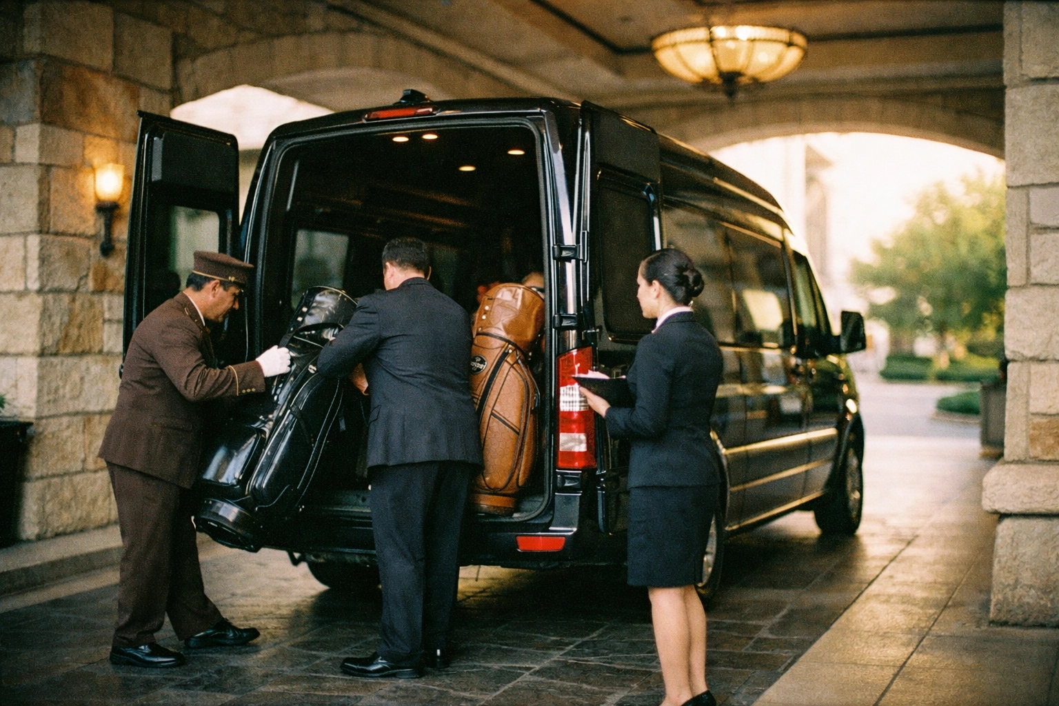 Luxury Mercedes Sprinter transfer arriving at a 5-star hotel for an international golf tour.