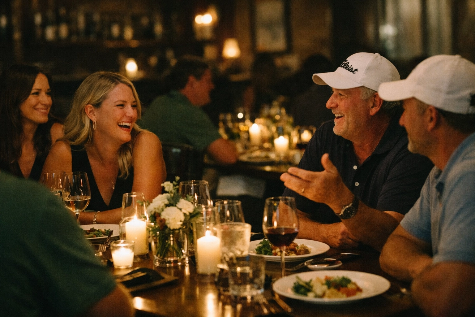 Small group of golfers enjoying a premium welcome dinner at a luxury international restaurant.