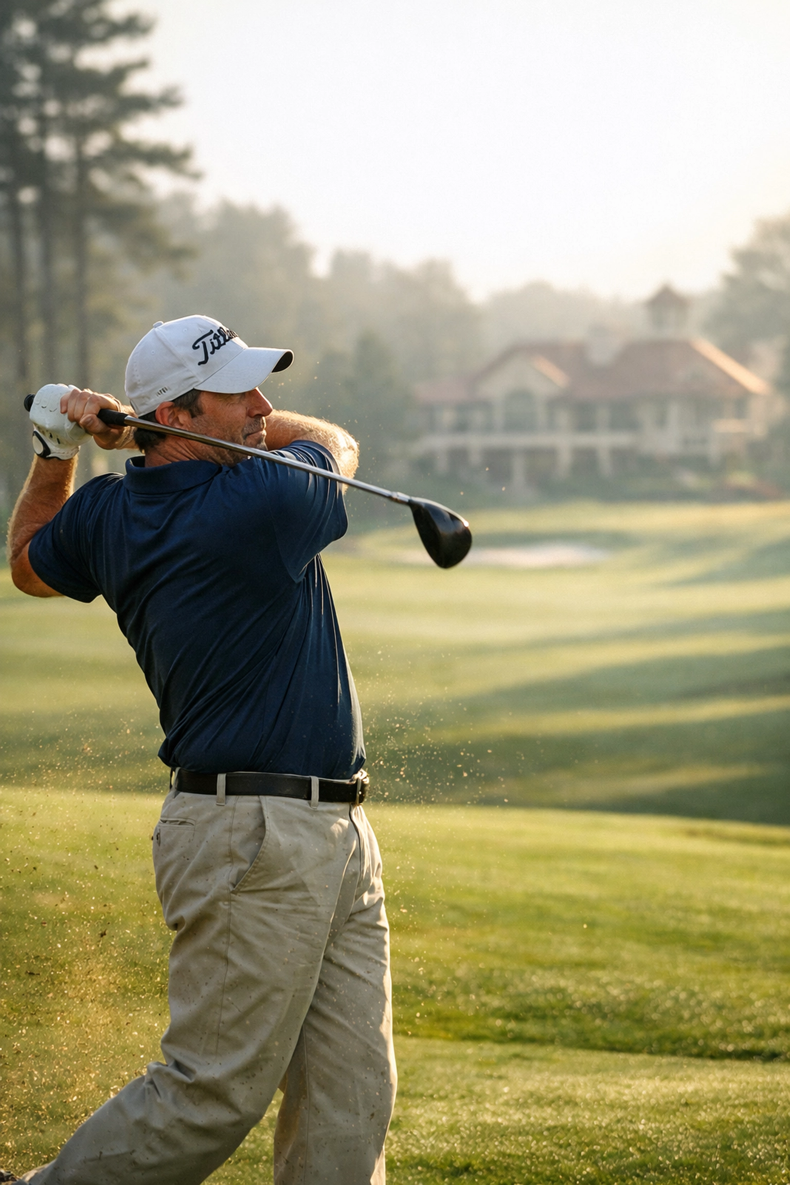 Amateur golfer mid-swing on a lush international golf course during a hosted tour.