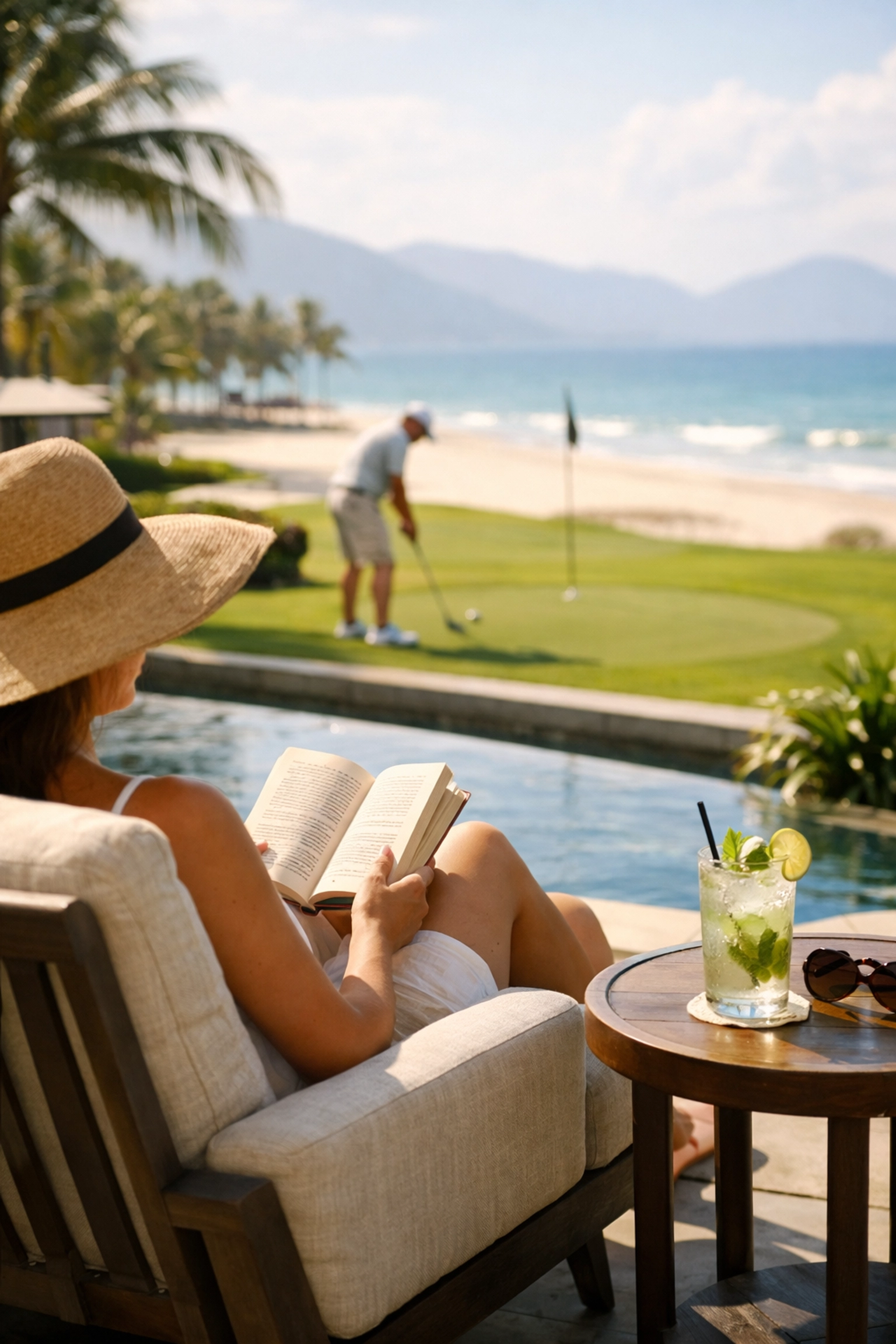 Couple enjoying a luxury resort terrace and golf experience in Da Nang Vietnam.
