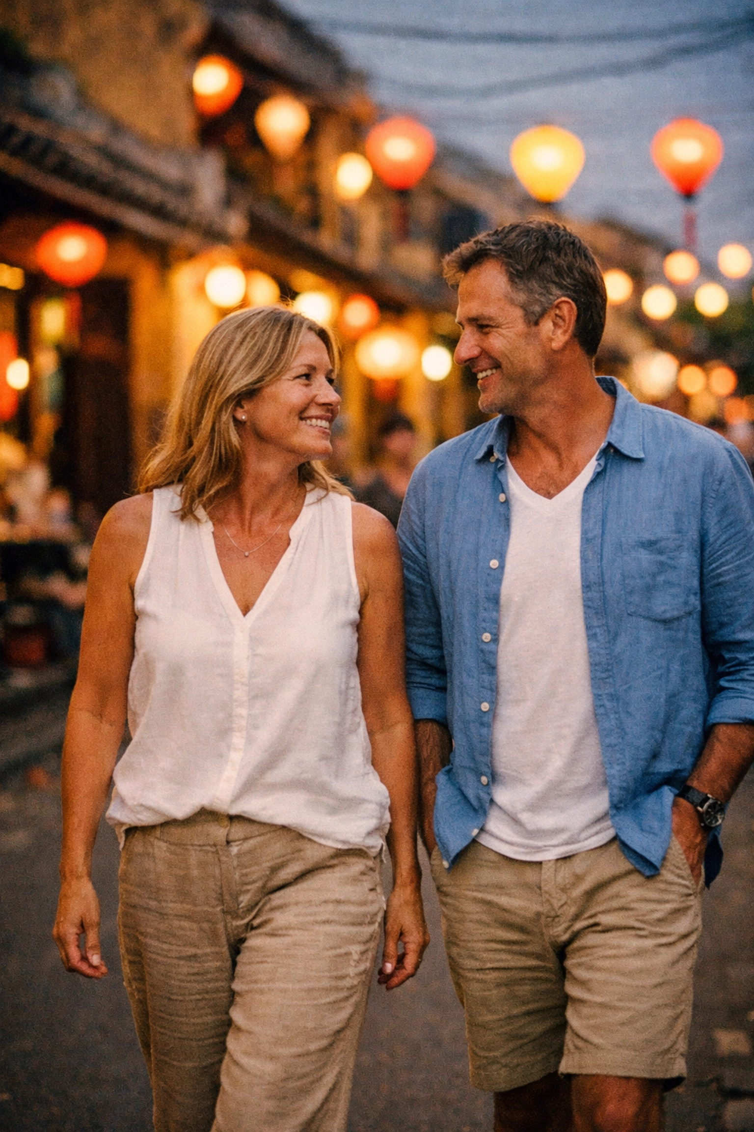 Australian couple exploring Hoi An Ancient Town during a Vietnam golf holiday.