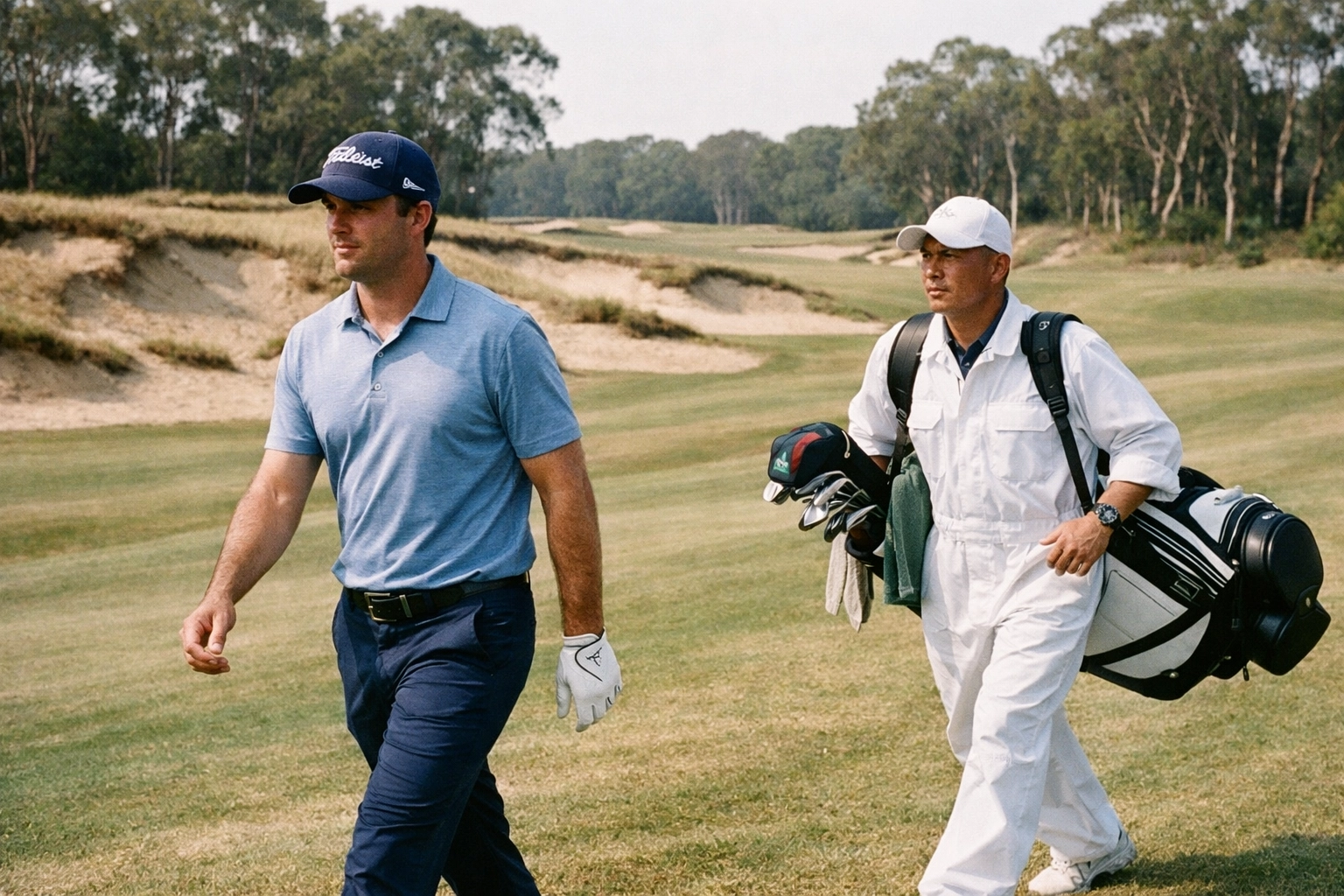 Golfer and professional caddie on the Sandbelt Trails course at Mission Hills resort in China.