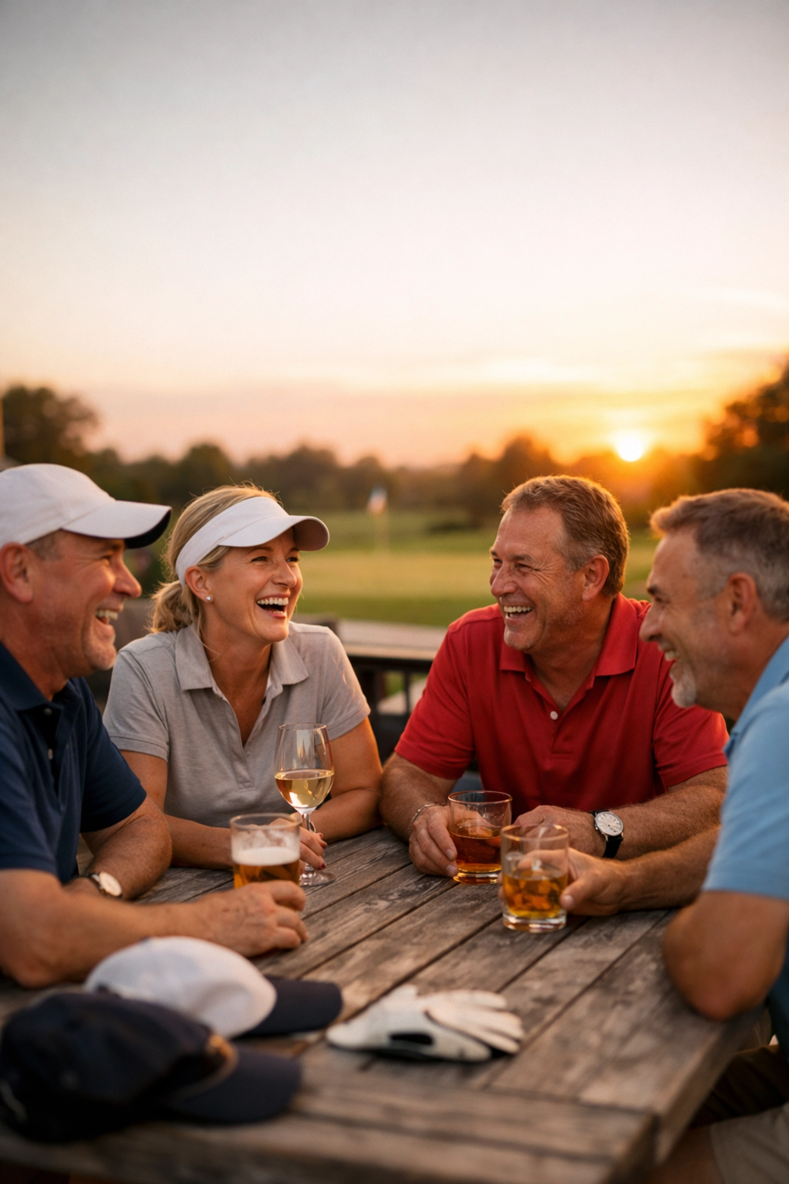 Amateur golfers enjoying sunset drinks and camaraderie on a clubhouse terrace during a hosted golf tour.