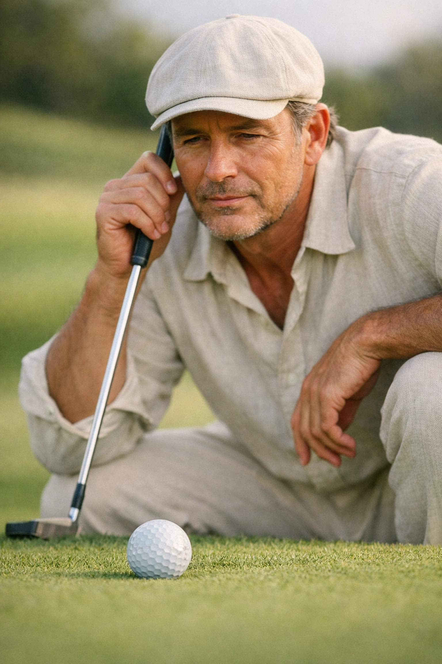 A relaxed amateur golfer focusing on a putt on a manicured green during a stress-free hosted golf holiday.