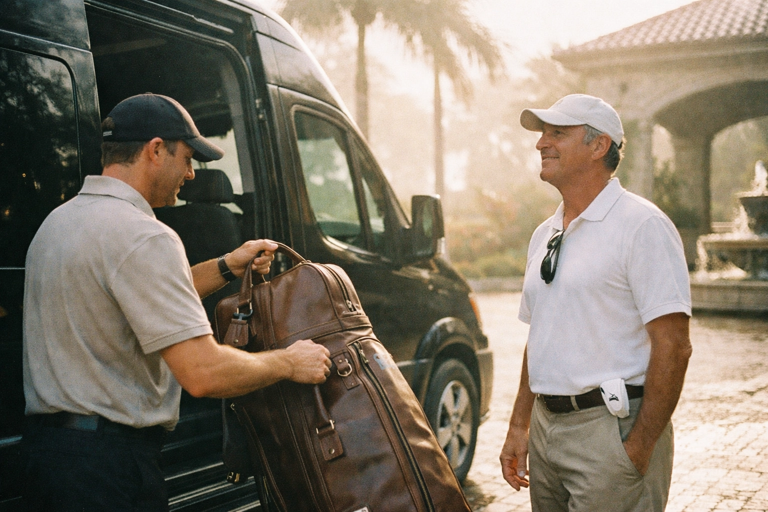 A professional golf tour host assisting a traveler with luggage next to a luxury transport shuttle.