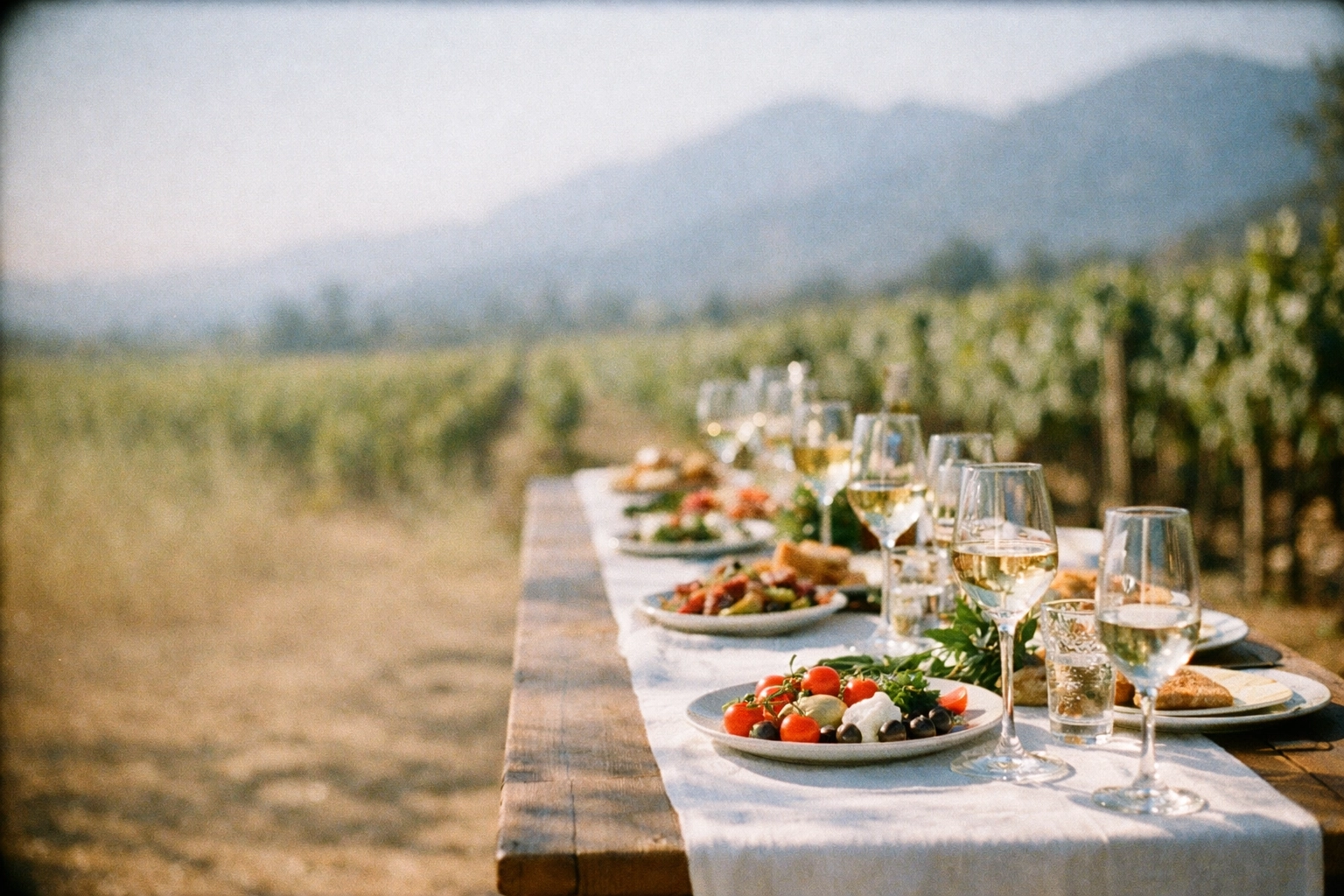 An al fresco lunch setup in a scenic vineyard, highlighting premium dining experiences on a hosted golf holiday.