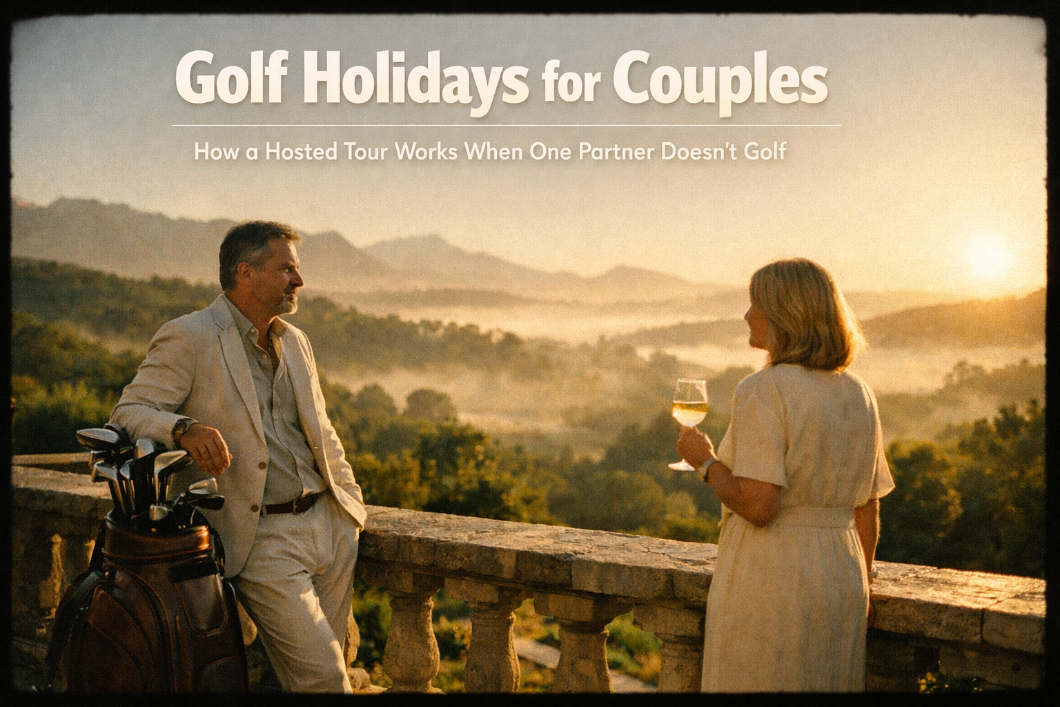 A couple enjoying wine at a luxury resort overlooking a valley, representing premium golf holidays for couples.