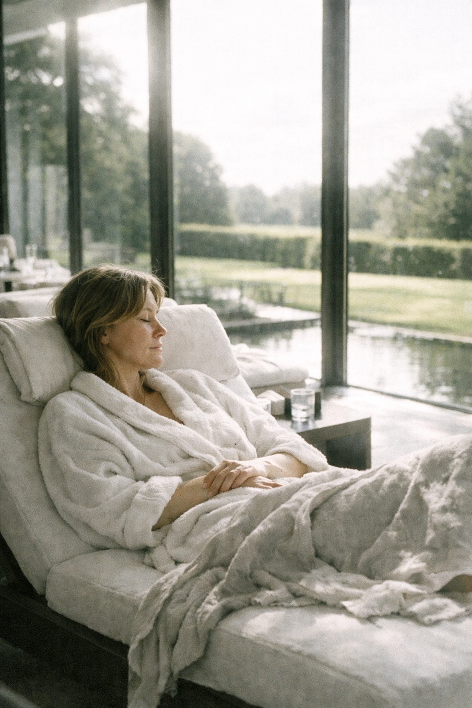 A woman relaxing in a luxury spa with scenic views, an ideal activity for non-golfing partners on a hosted tour.