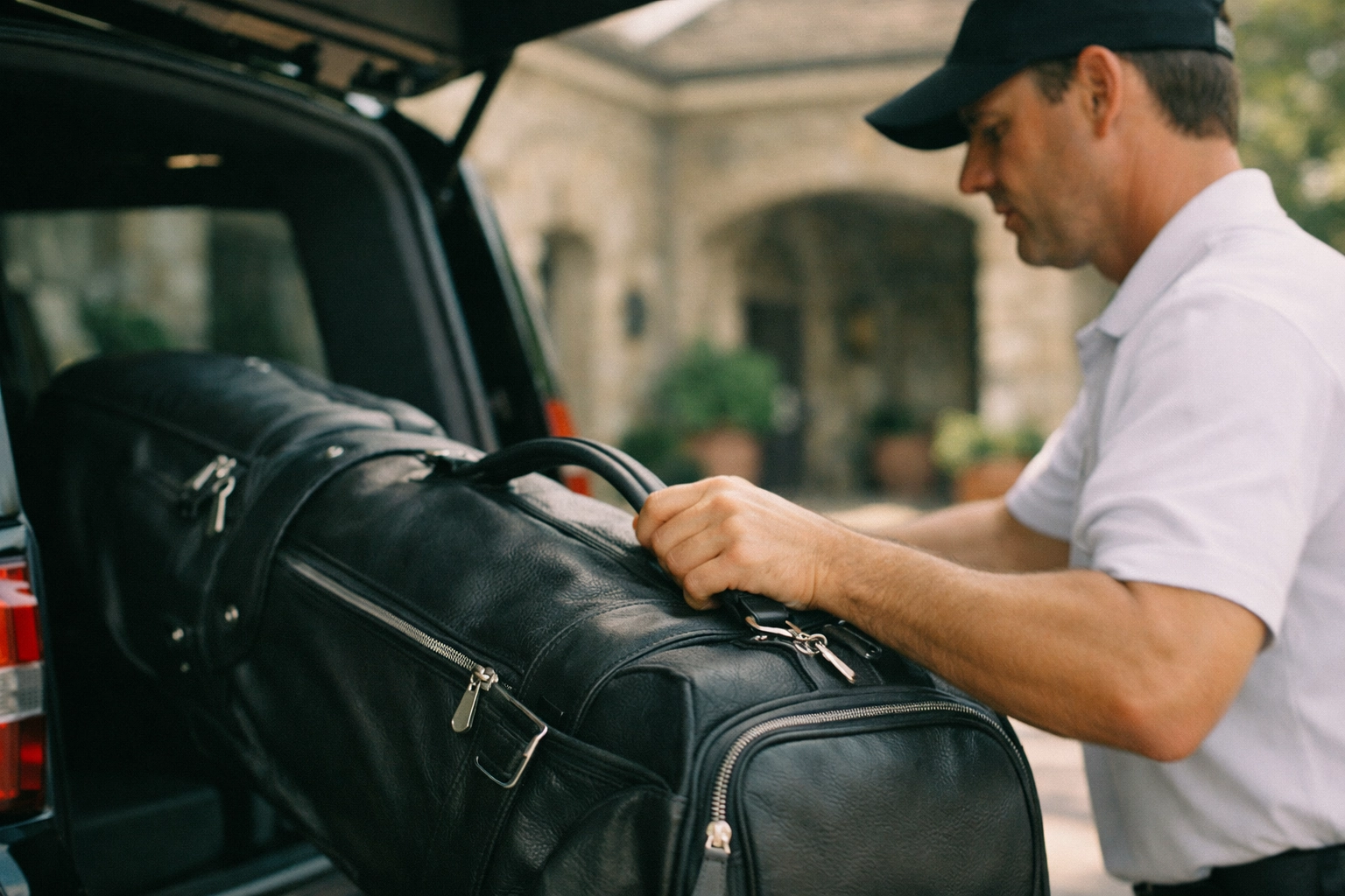 Professional tour host loading golf bags into a luxury transport vehicle at a premium clubhouse entrance.