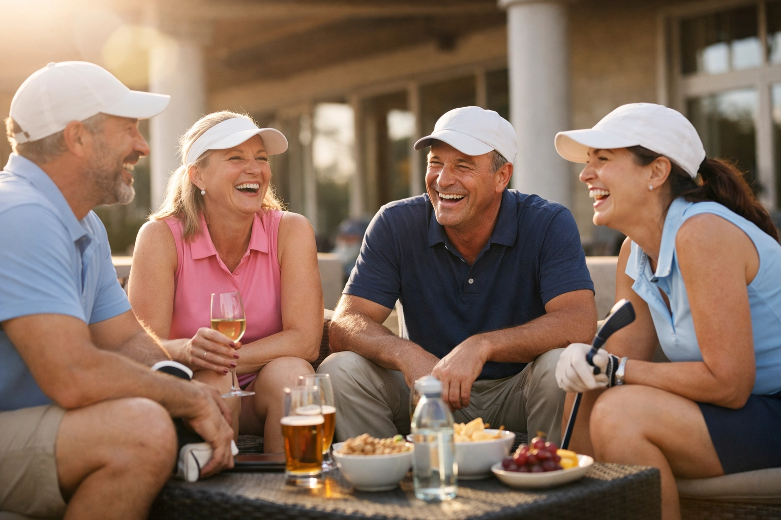 A small group of golfers enjoying social drinks and conversation on a sunny clubhouse terrace.