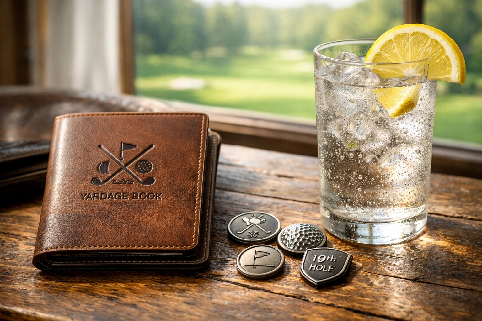 Close-up of golf travel essentials including a yardage book and ball markers on a clubhouse table.