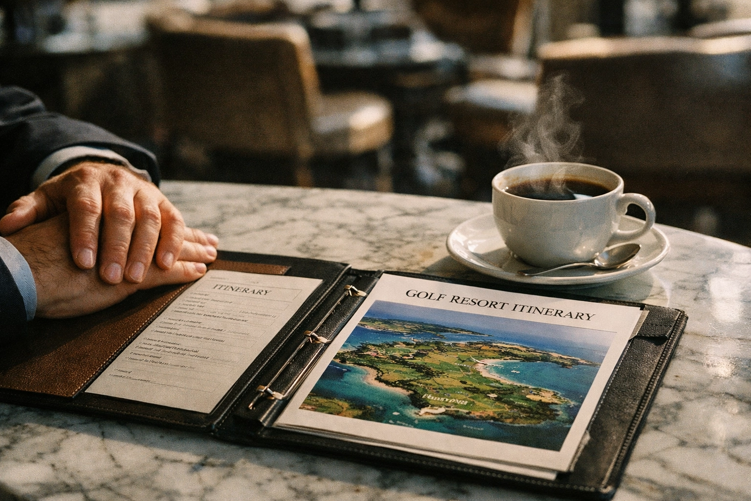 Planning a hosted international golf tour with a detailed itinerary in a premium luxury lounge.