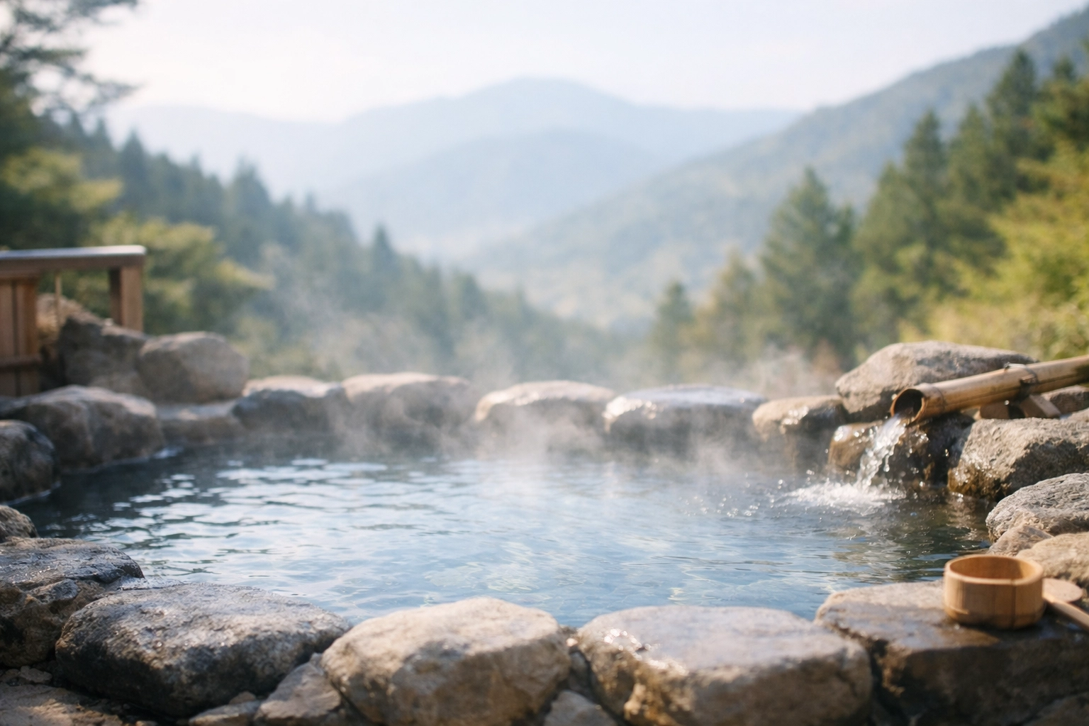 Serene outdoor Japanese onsen in Hakone overlooking mountains, perfect for post-golf recovery.