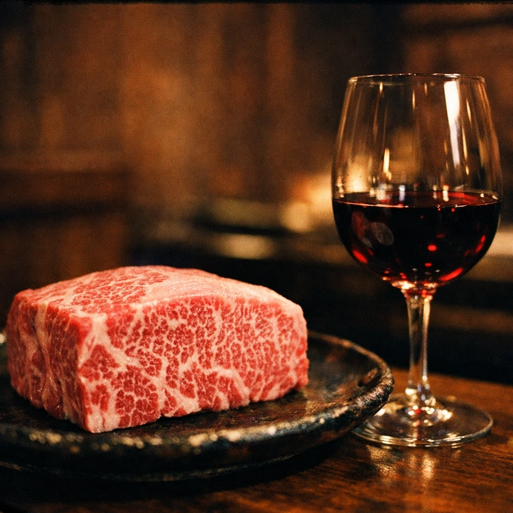 Luxury A5 Wagyu Kobe beef dinner setting during a premium Japan golf tour experience.