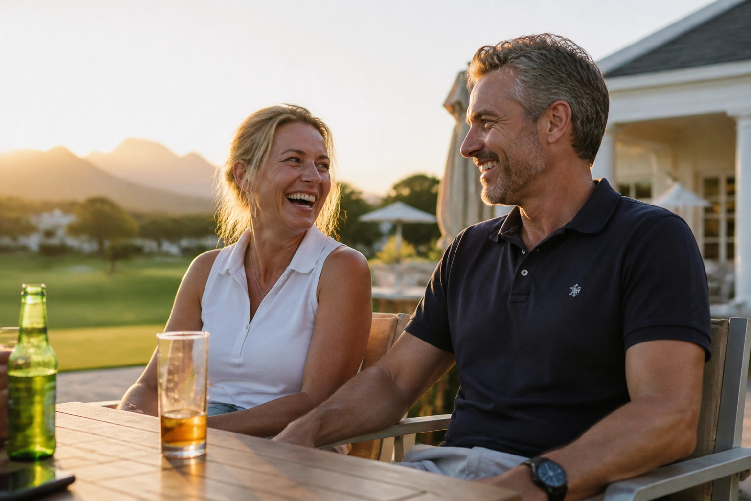 Relaxed hosted golf tour guests enjoying drinks at the Fancourt clubhouse overlooking the greens.