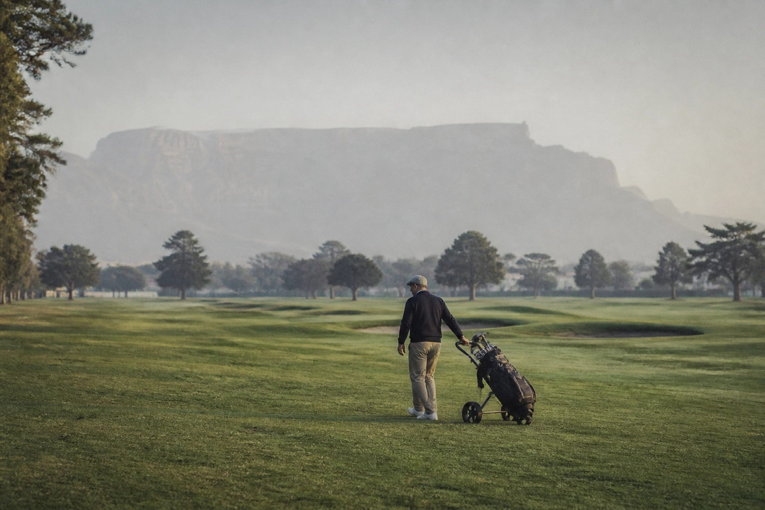 Historic Royal Cape Golf Club fairway in Cape Town featuring a golfer and Table Mountain silhouette.