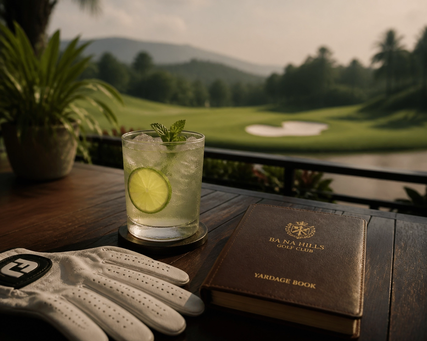 Luxury clubhouse terrace in Central Vietnam overlooking the green during a hosted golf tour.