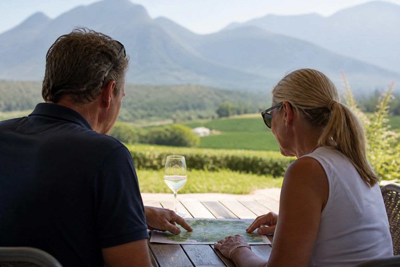Couple relaxing with wine overlooking Franschhoek vineyards on a luxury South Africa golf tour.