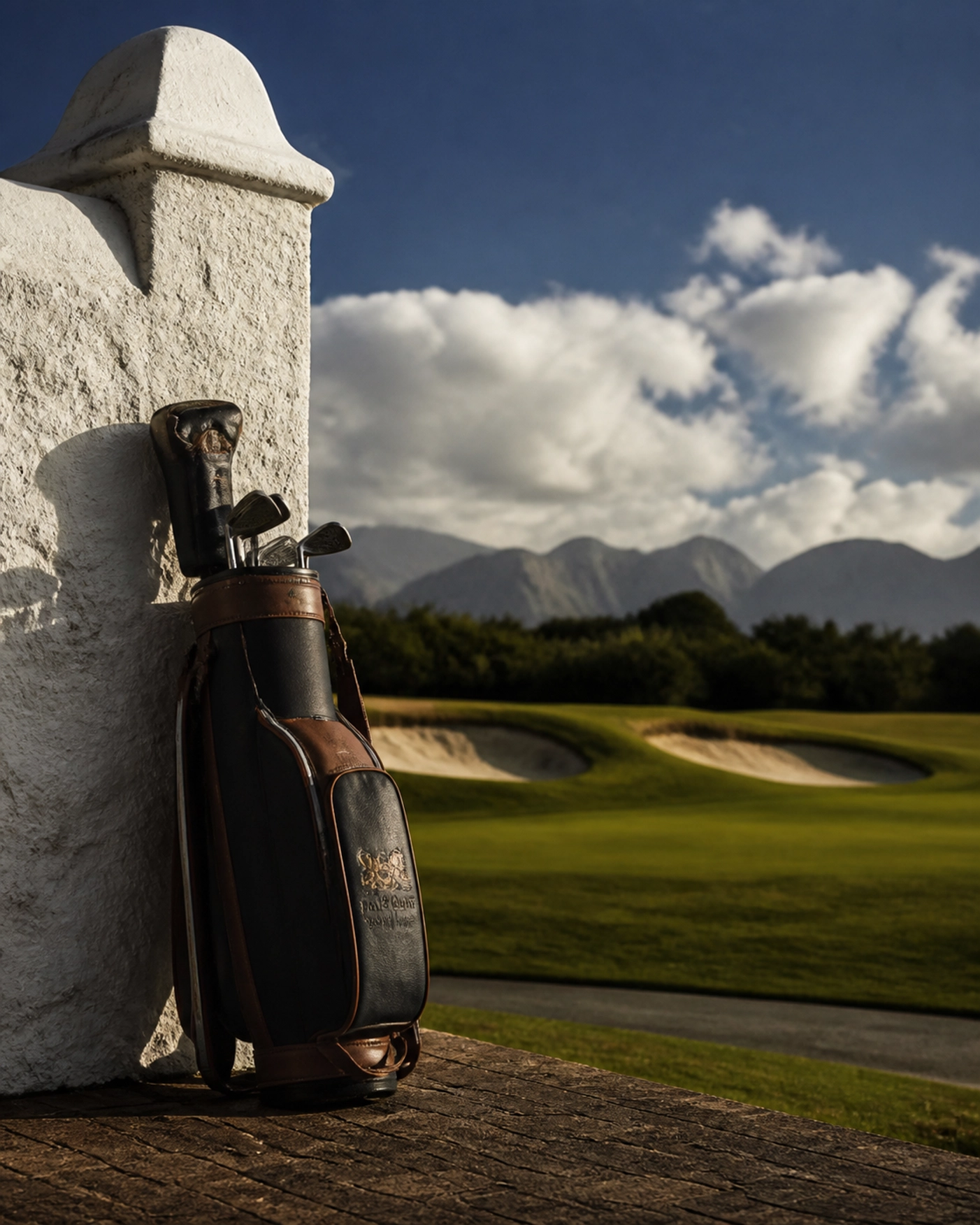 Premium golf bag at The Links at Fancourt first tee, highlighting luxury South Africa golf trip planning.