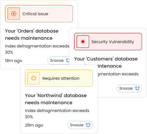 Three database maintenance alerts showing issues: Critical issue for 'Orders' database, Security Vulnerability for 'Customers' database, and Requires attention for 'Northwind' database, each noting index defragmentation exceeds 30%.