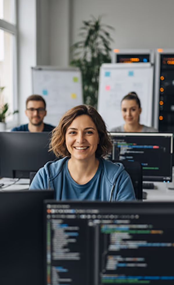 Three software developers smiling at their desks with computer monitors displaying code in a modern office.